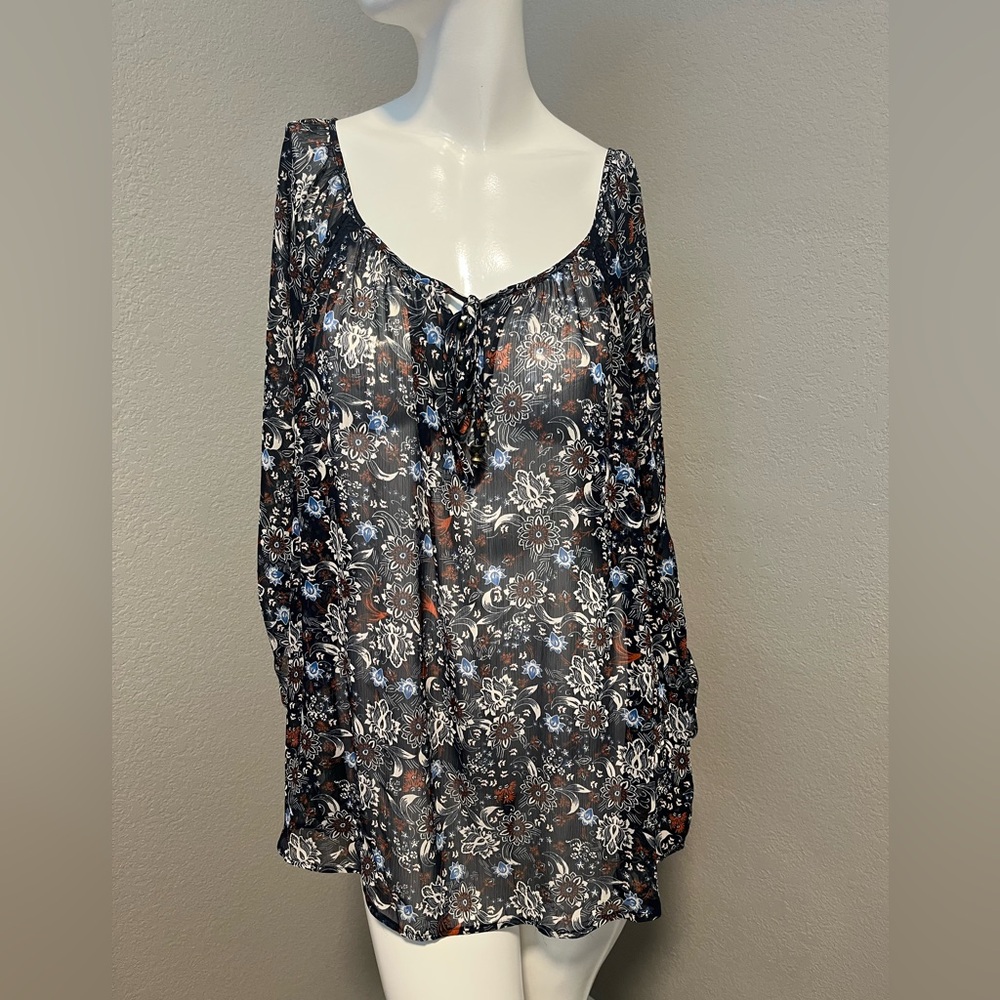 CB Established 1962 Plus Women’s Black LS Floral Sheer Tunic Top Blouse Size 2X